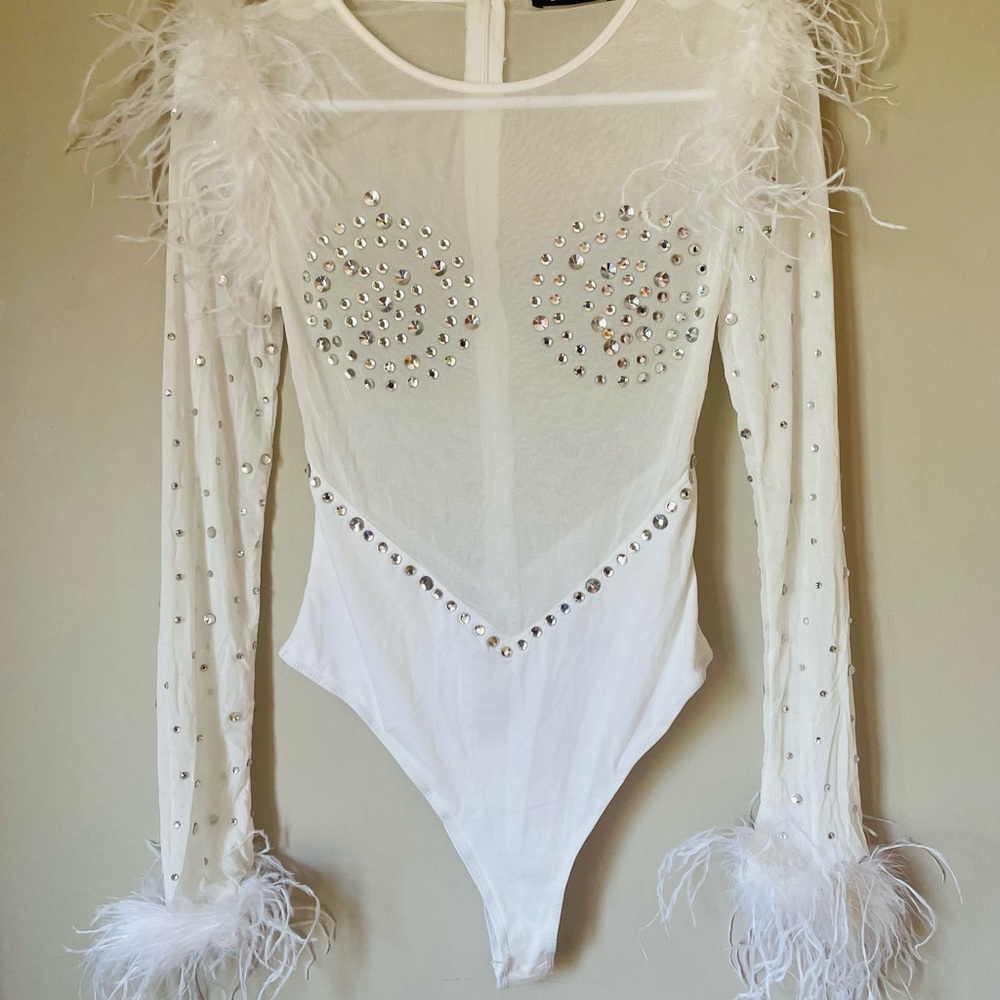 White Feathered Long Sleeve Bodysuit with Rhinestones